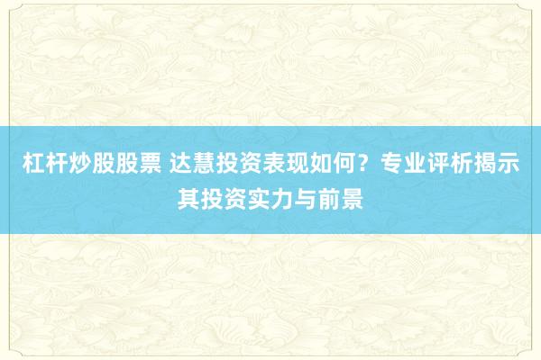 杠杆炒股股票 达慧投资表现如何？专业评析揭示其投资实力与前景